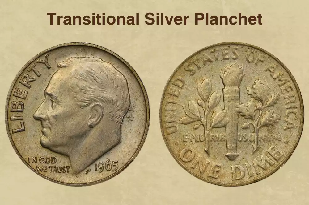 1965 dime struck on 90% silver planchet, PCGS or NGC certified slab showing transitional error label