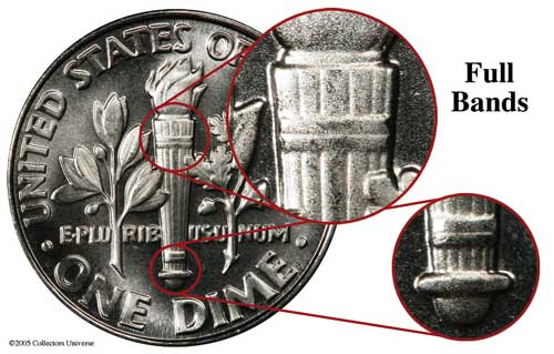 1965 dime reverse torch showing Full Bands designation - separated horizontal bands versus weak strike example